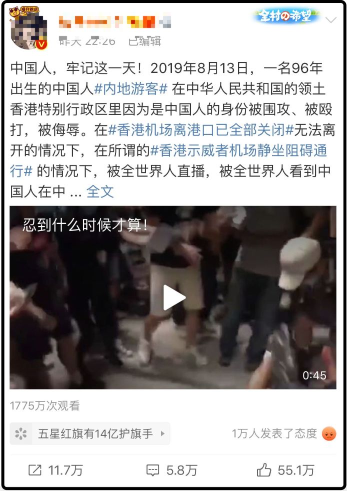 环球网记者被围殴视频惊怵但付国豪仍高喊：我支持香港警察 你们可以打我了